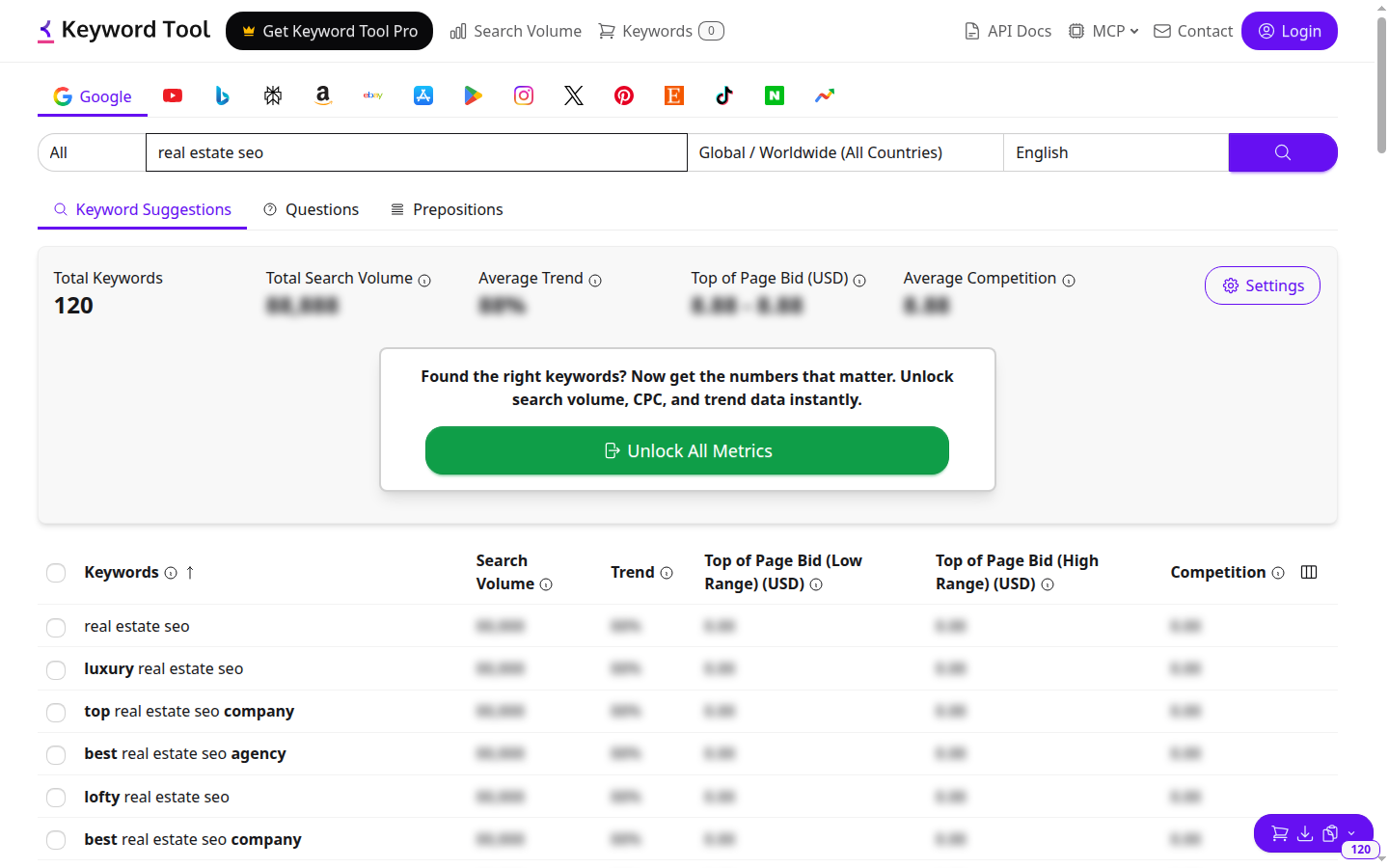 KeywordTool.io showing real estate SEO suggestions while search volume, bid, trend, and competition metrics remain locked
