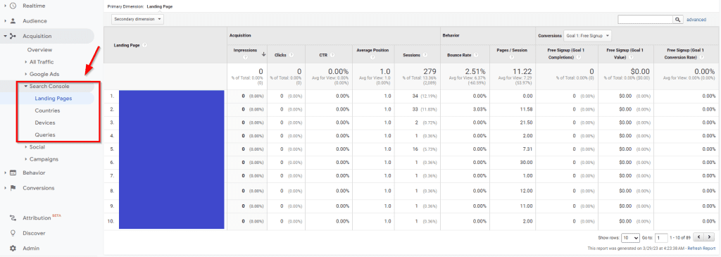 Landing Pages section in Search Console tab of Acquisition in Google Analytics